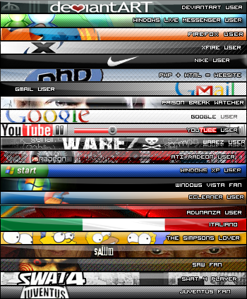 Kolekcja różnych userbarów ułożonych w pionie, pokazująca standardowy format 350x19 pikseli z charakterystycznymi skanliniami, efektem gloss i pikselową czcionką Visitor.