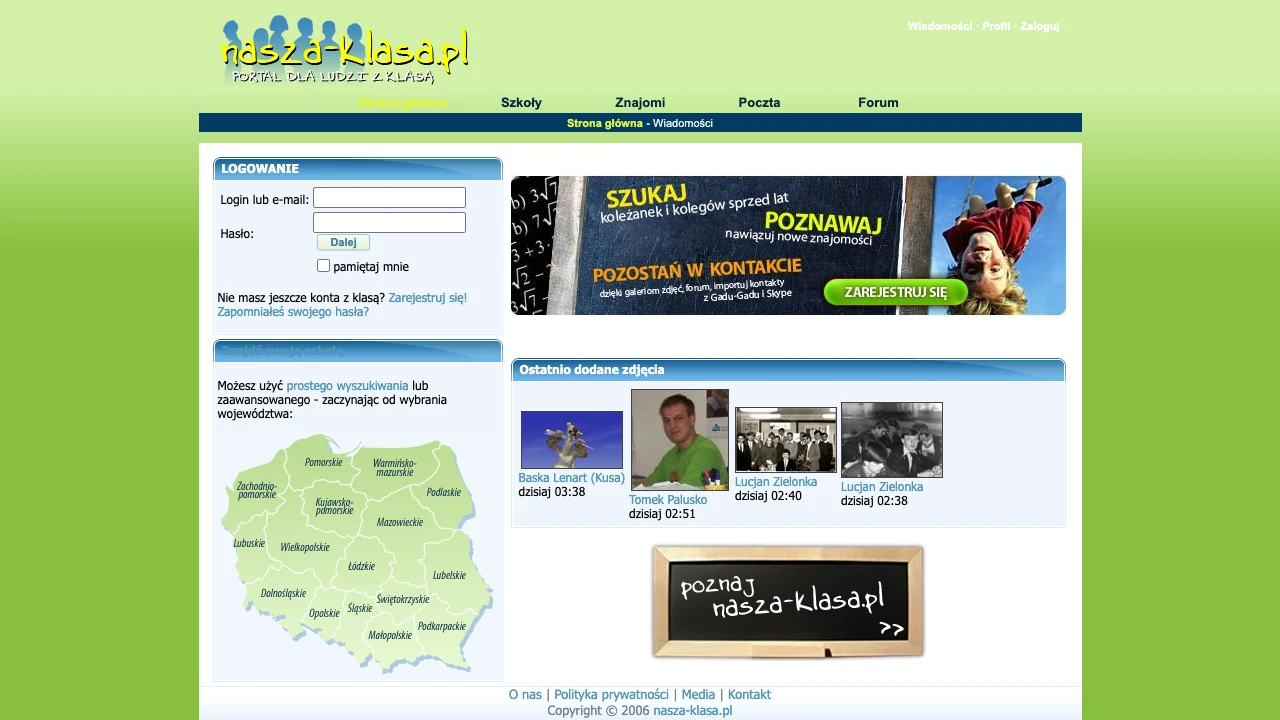 Strona główna nasza-klasa.pl z 2007 roku: menu Szkoły, Znajomi, Poczta, Forum, formularz logowania i mapa Polski z podziałem na województwa służąca do wyszukiwania szkół