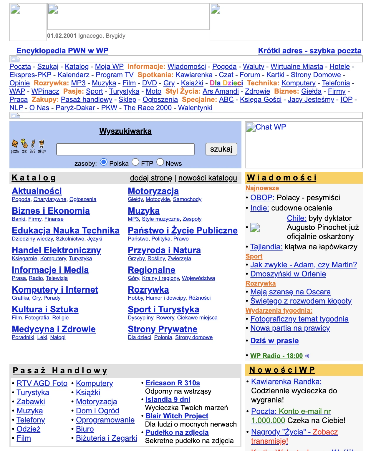Zrzut WP.pl z 2001 roku, pełen tabelkowego układu